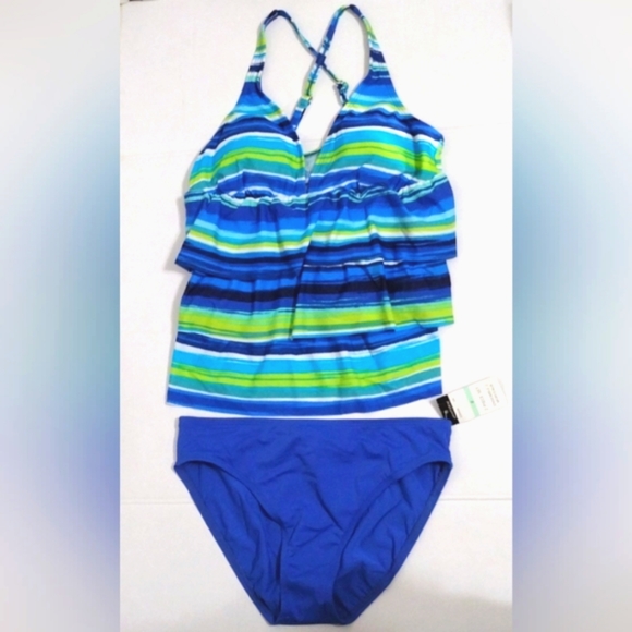 NWT Jantzen 2 Piece Set Swimwear Tiered Striped Tankini Top & Bikini Botom US 8 - Picture 3 of 17